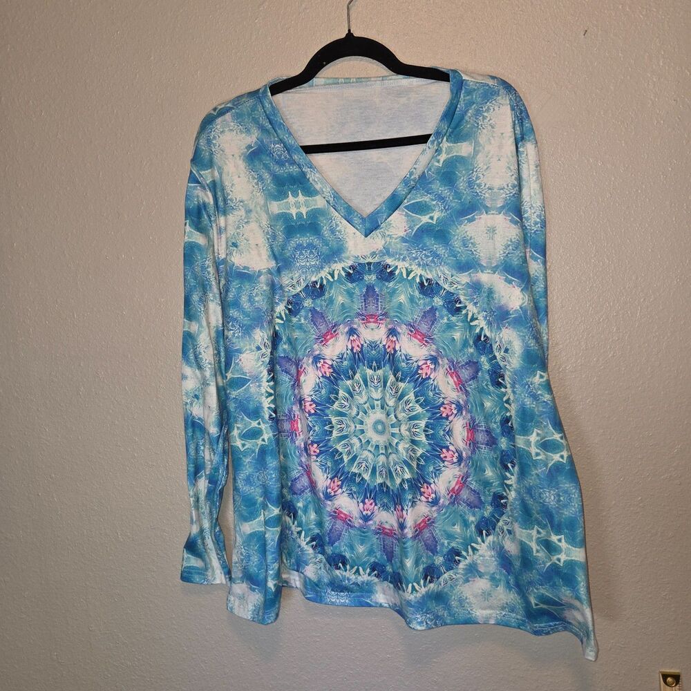 SHEIN Curve Blue Mandala Print Long Sleeve V-Neck Top 3XL